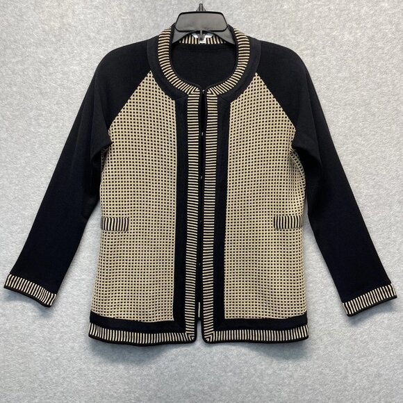 Misook Knit Cardigan Womens Small Black Geometric Long Sleeve Colorblock - Picture 1 of 9